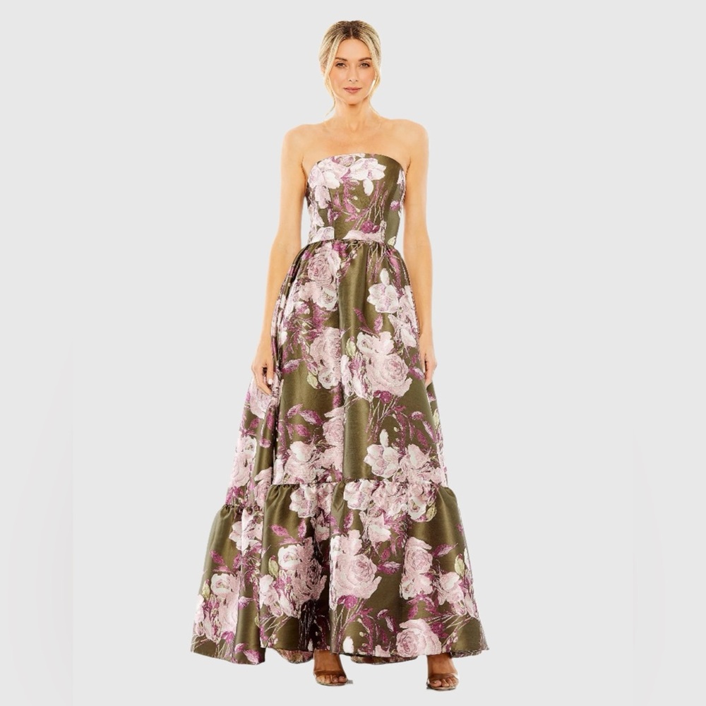 Mac Duggal Olive Strapless Floral Ball Gown with Pink Roses